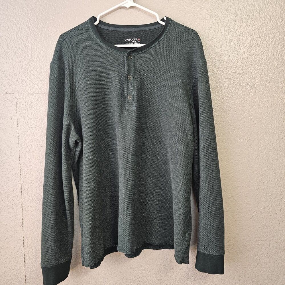 UNTUCKit Waffle Knit Henley Shirt XL Green Long Sleeve Casual Stretch EE763